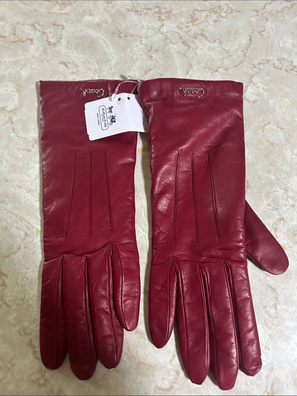 Coach Burgundy Leather Long Gloves with Logo